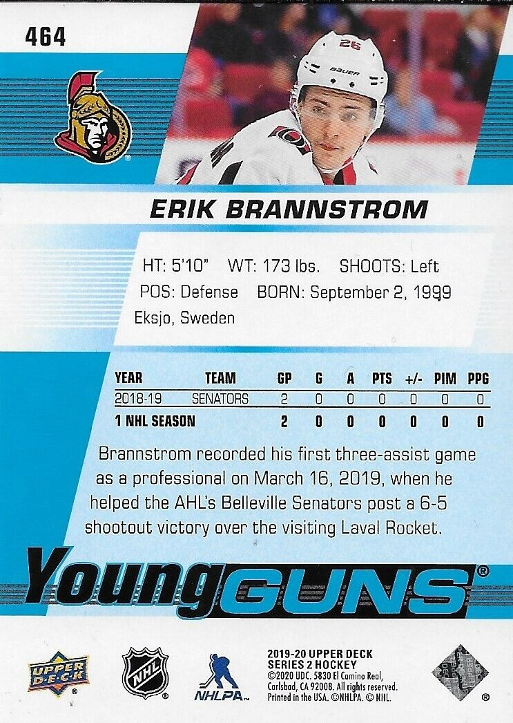 Signed Erik Brannstrom Ottawa Senators 2019-20 UD Young Guns Rookie Card