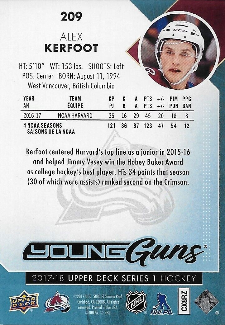 Carte de recrue Upper Deck Young Guns 2017-18 signée Alex Kerfoot Colorado Avalanche
