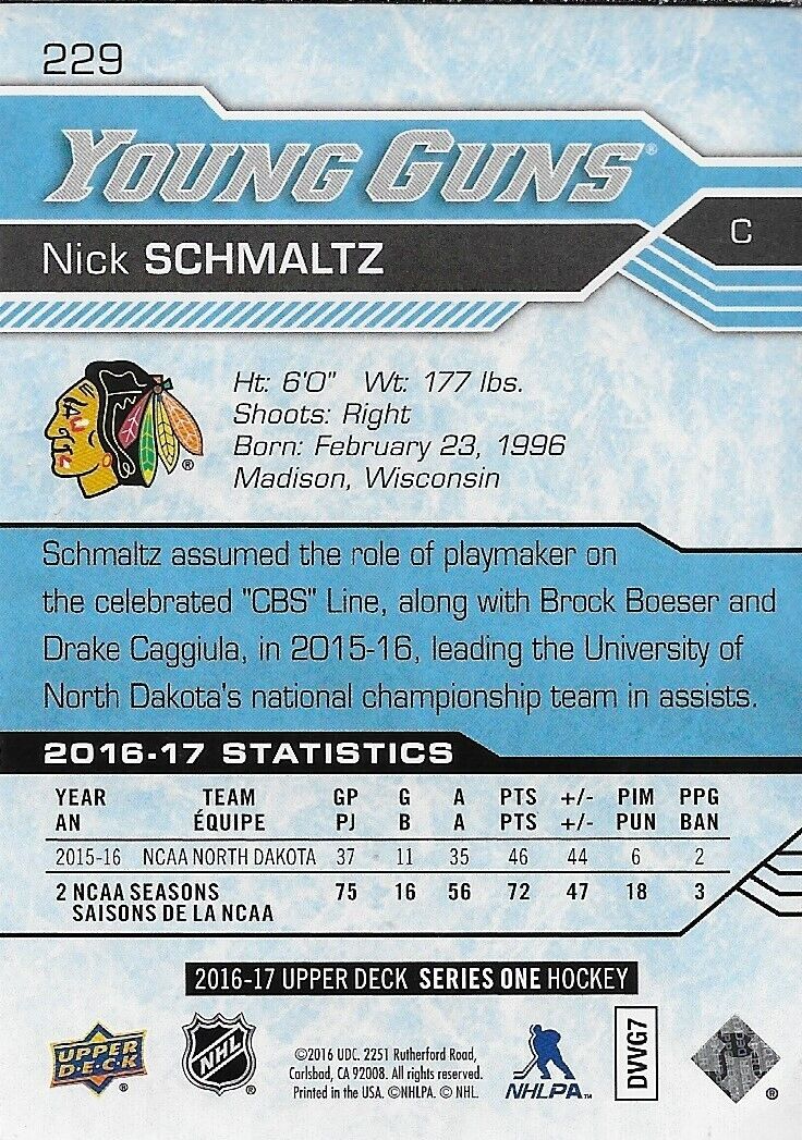 Signed Nick Schmaltz Chicago Blackhawks 2016-17 Upper Deck Young Guns Card