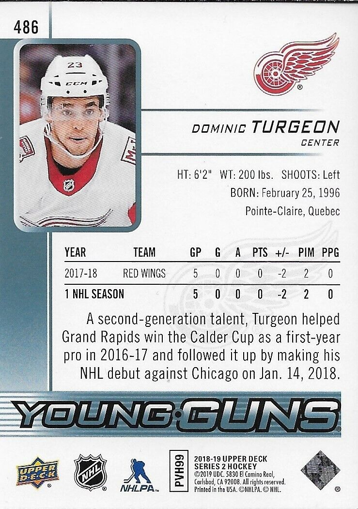 Signed Dominic Turgeon Detroit Red Wings 2018-19 Upper Deck Young Guns Card
