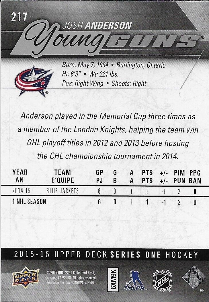 Carte recrue n° 1 signée Josh Anderson 2015-16 UD Columbus Blue Jackets Young Guns