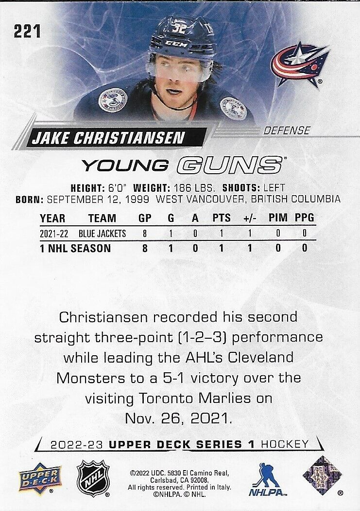 Carte de recrue Young Guns signée Jake Christiansen 2022-23 UD Columbus Blue Jackets