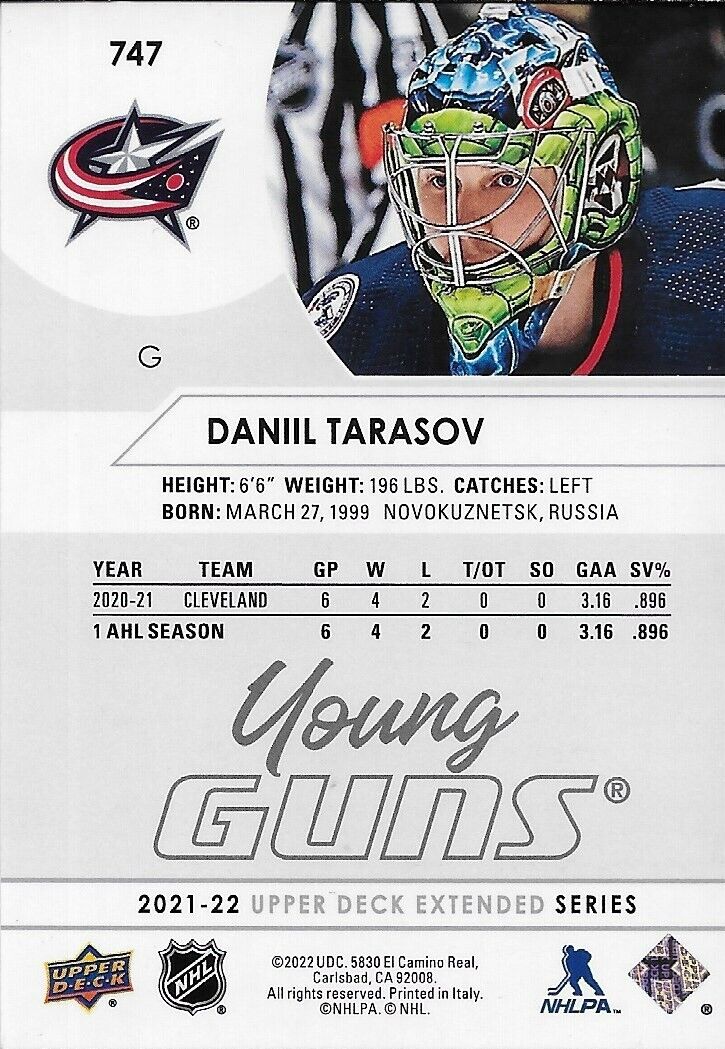 Carte de recrue Young Guns UD Columbus Blue Jackets 2021-22 signée Daniil Tarasov