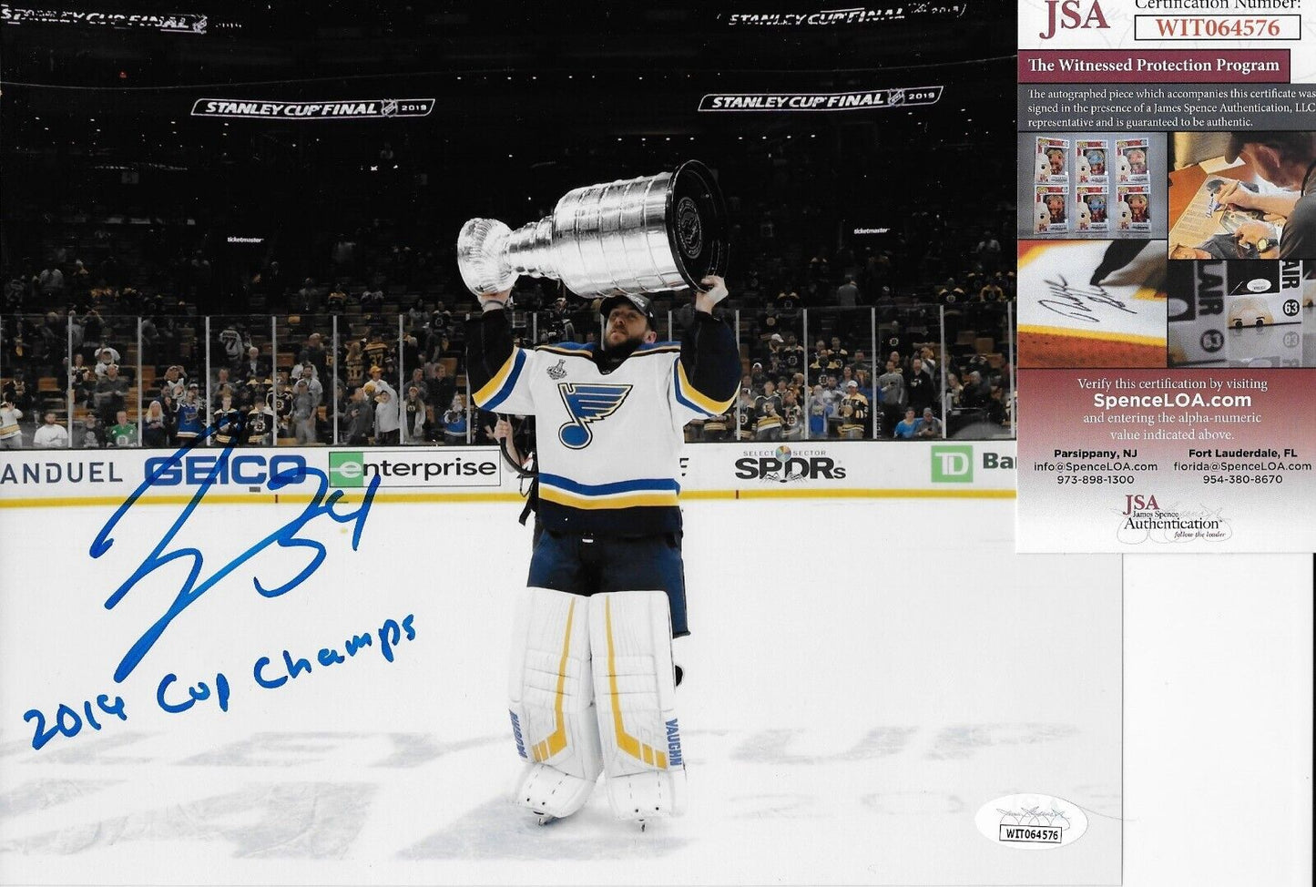 Photo 8x10 de la Coupe Stanley signée par Jake Allen des Blues de St. Louis, séance privée avec JSA