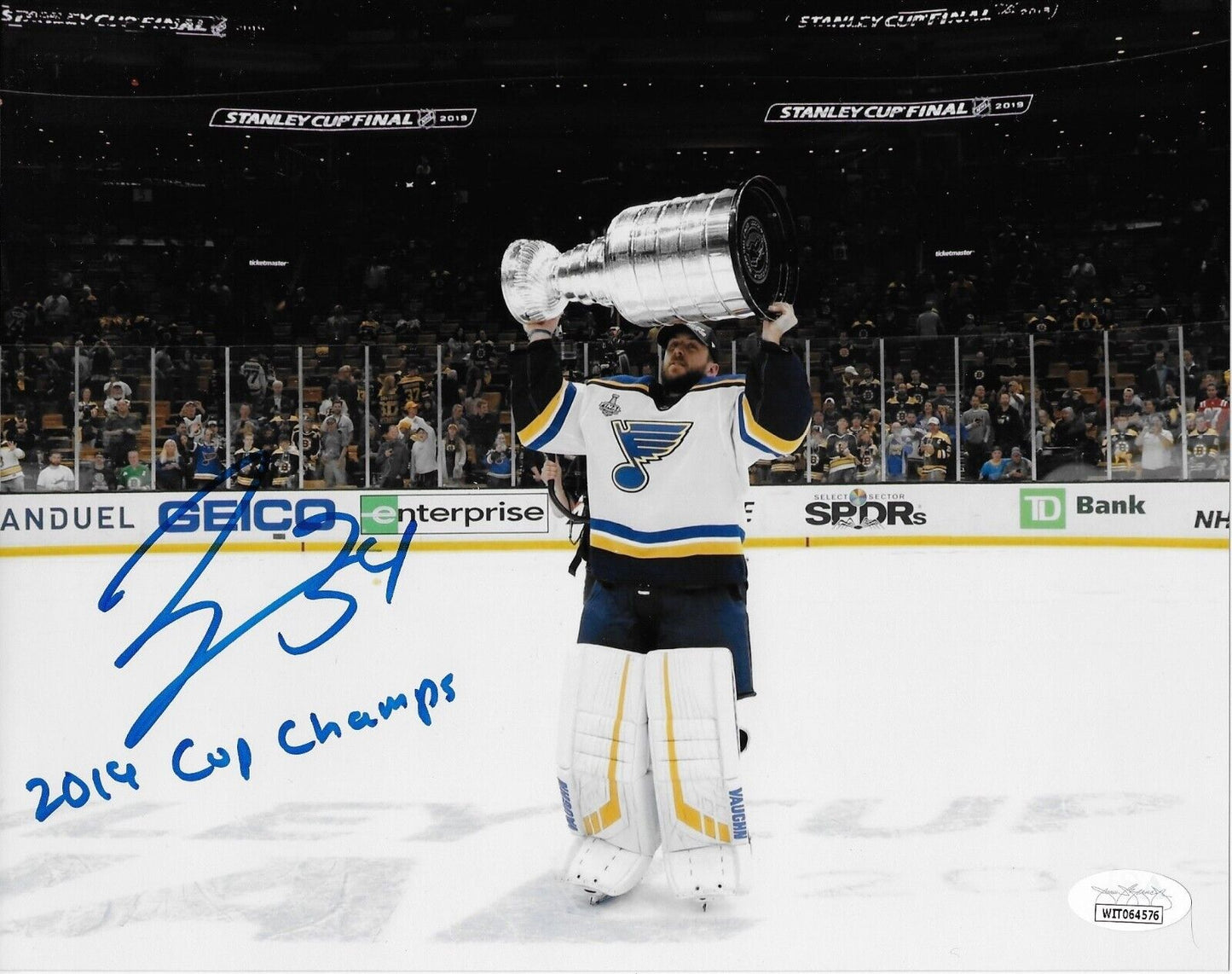 Photo 8x10 de la Coupe Stanley signée par Jake Allen des Blues de St. Louis, séance privée avec JSA