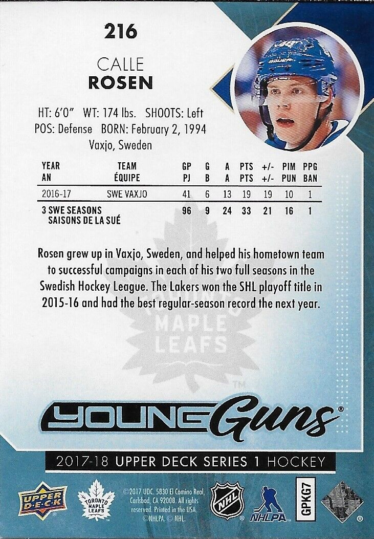 Carte de recrue Young Guns des Maple Leafs de Toronto signée Calle Rosen 2017-18