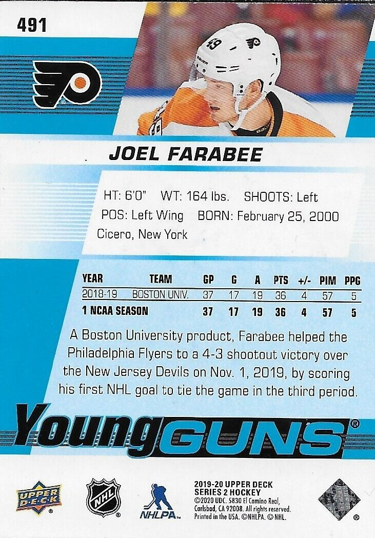 Carte de recrue Young Guns des Flyers de Philadelphie signée Joel Farabee 2019-20 UD