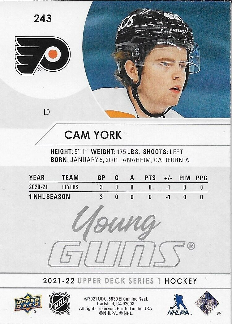 Carte de recrue Young Guns des Flyers de Philadelphie signée Cam York 2021-22