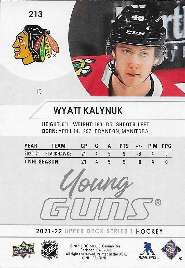 Signed Wyatt Kalynuk 2021-22 UD Chicago Blackhawks Young Guns Rookie Card