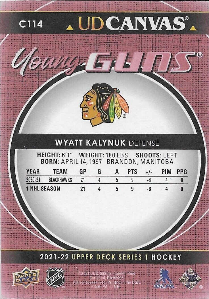 Signed Wyatt Kalynuk 2021-22 UD Chicago Blackhawks Young Guns Canvas Rookie Card