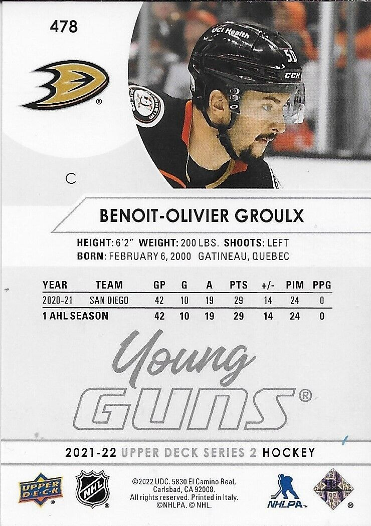 Carte recrue n° 2 signée Benoit Olivier Giroux 21-22 Anaheim Ducks UD Young Guns