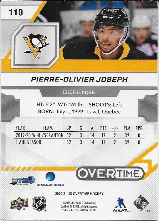 Signed Pierre-Olivier Joseph UD 20/21 Pittsburgh Penguins Rookie Card Silver 110