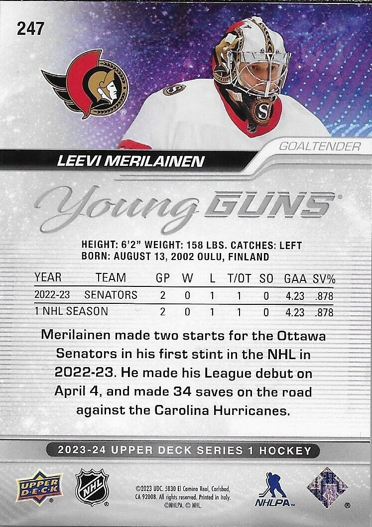 Carte de hockey recrue signée Leevi Merilainen 2023/24 UD Young Guns des Sénateurs d'Ottawa