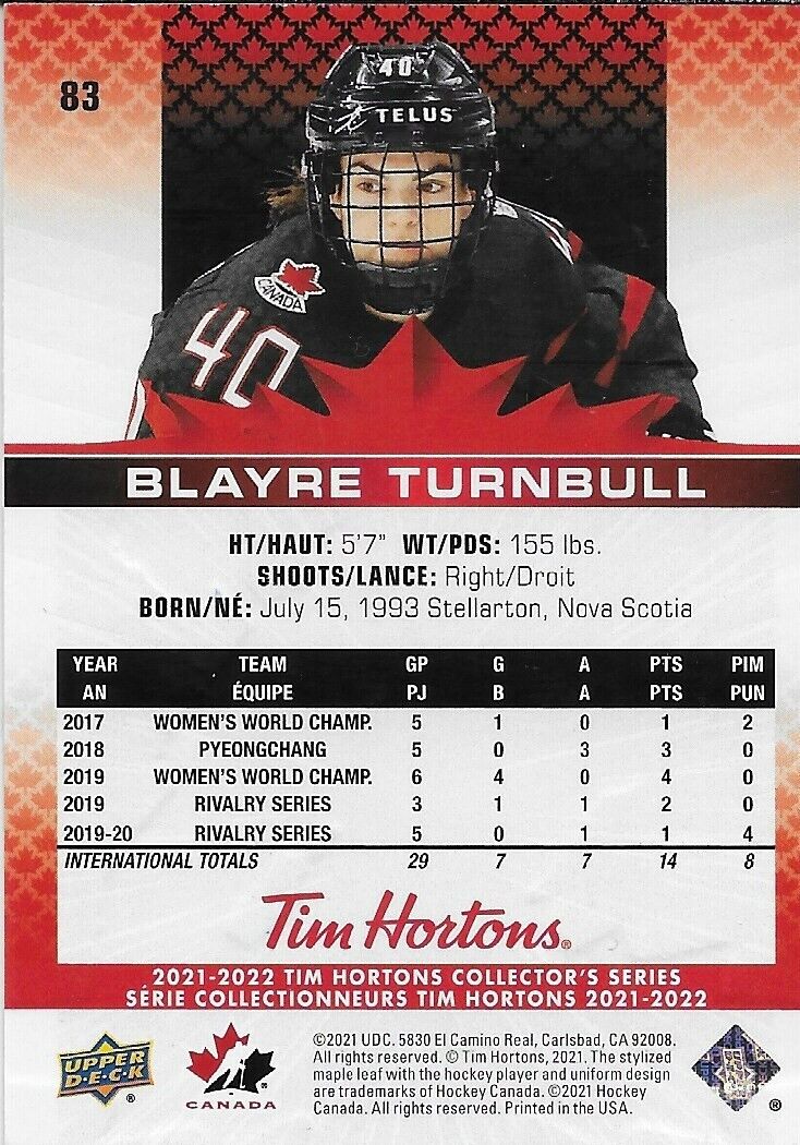Signed Blayre Turnbull 2021/22 Upper Deck Tim Hortons Card #83 Original