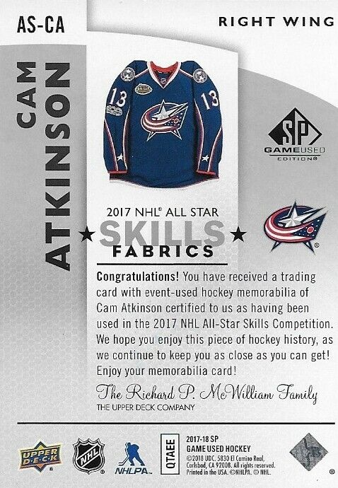 Carte signée Cam Atkinson 17/18 UD SP Skills Fabrics Columbus Blue Jackets #AS-CA