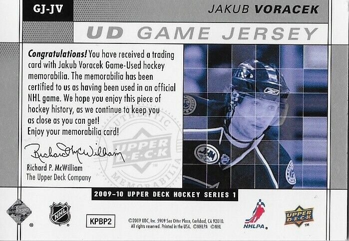 Maillot de jeu UD 2009/10 signé Jakub Voracek Carte originale des Blue Jackets de Columbus
