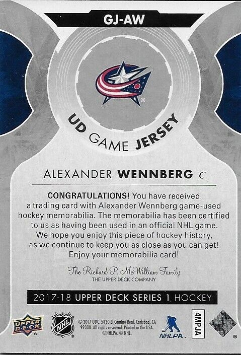 Carte de maillot de jeu UD 17/18 signée Alexander Wennberg par les Blue Jackets de Columbus