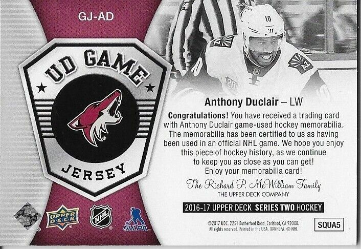 Maillot de jeu UD 2016/17 signé Anthony Duclair Carte originale des Coyotes de l'Arizona