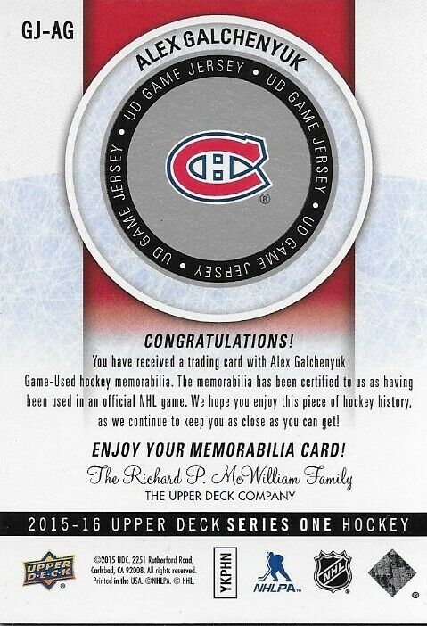 Maillot de jeu signé Alex Galchenyuk 2015/16 UD des Canadiens de Montréal Carte originale