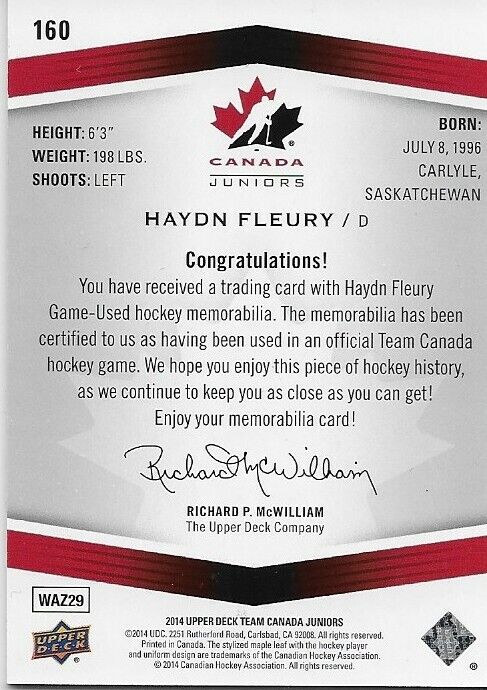 Carte de maillot de l'équipe canadienne junior UD 2014 signée par Haydn Fleury, originale n° 160