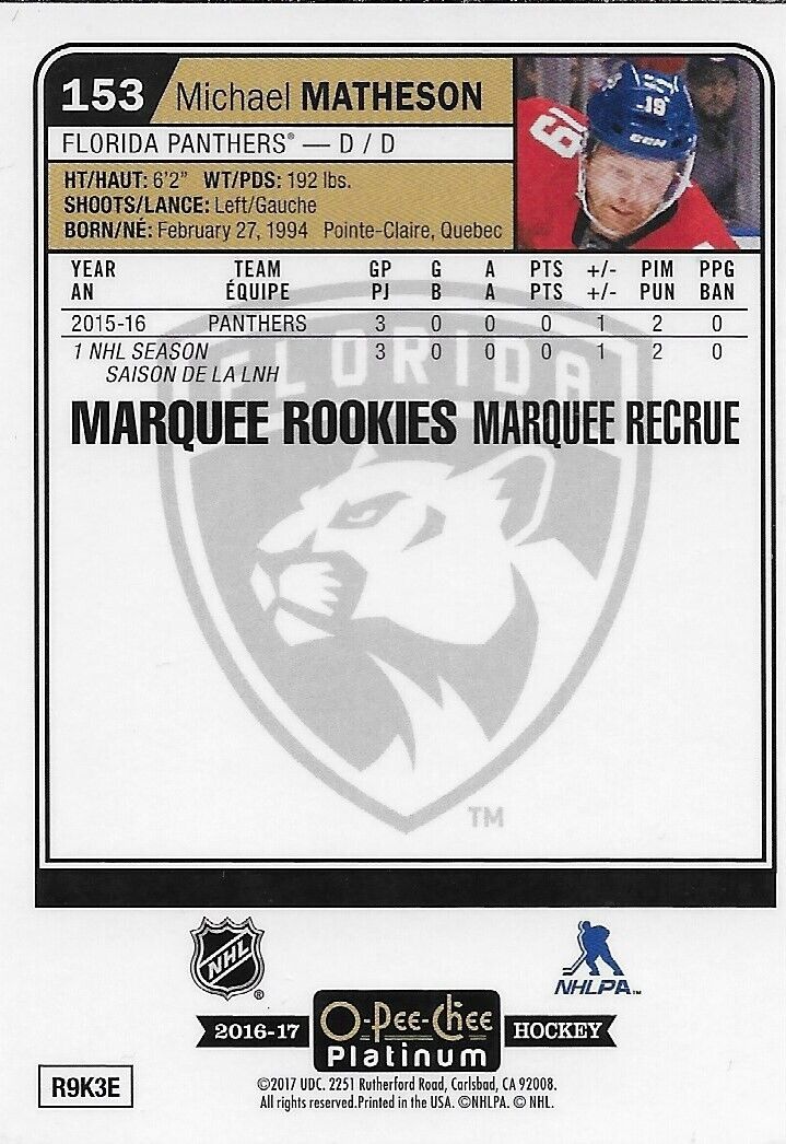 Carte signée Mike Matheson 16/17 O-Pee Chee Platinum Florida Panthers #153
