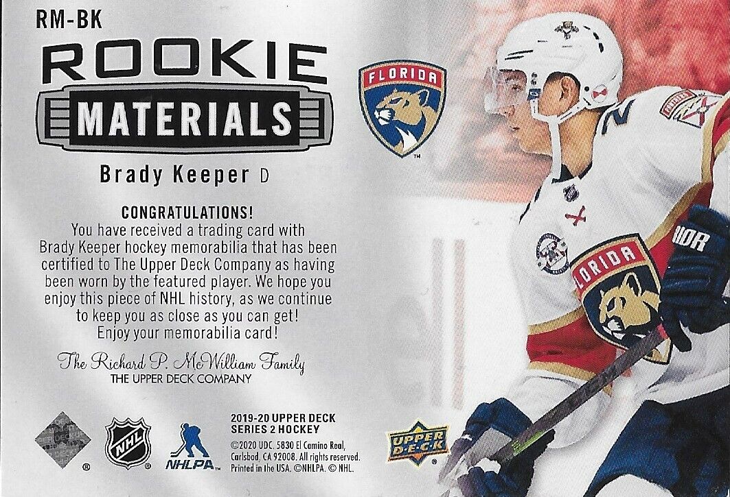 Signed Brady Keeper 19/20 UD Rookie Materials Florida Panthers Card RM-BK