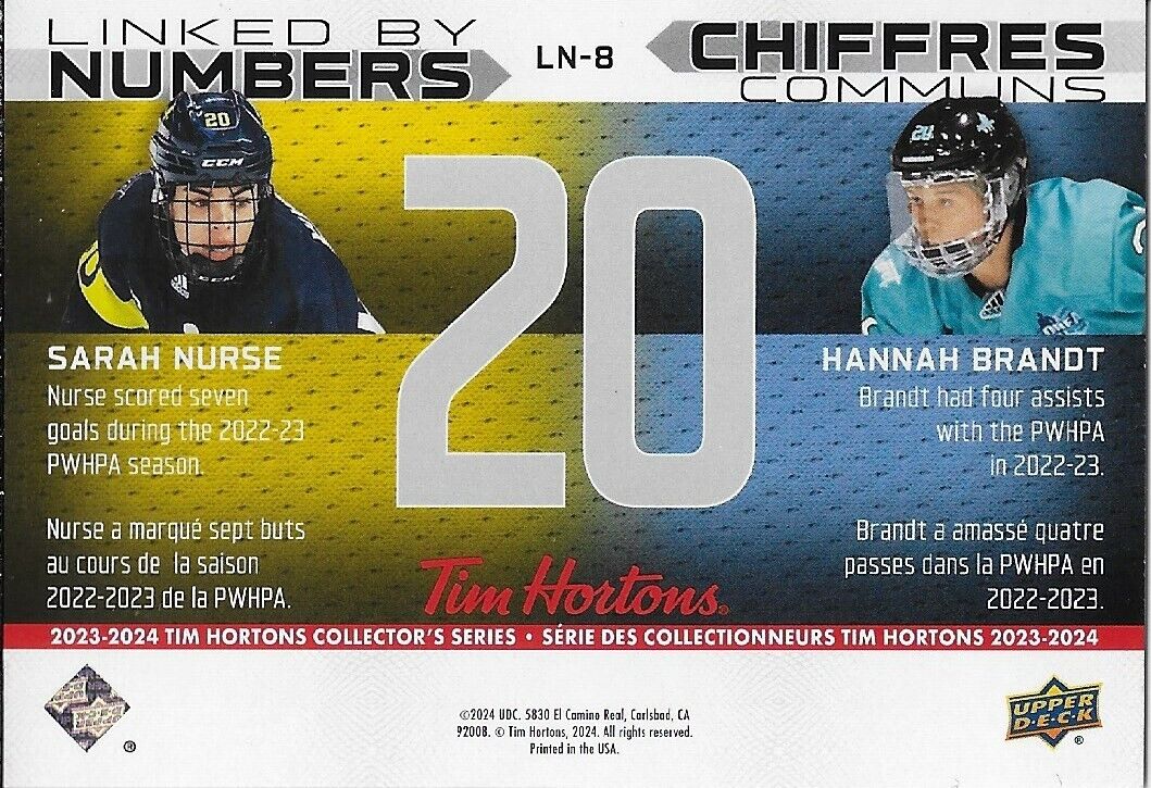 Carte Tim Hortons Upper Deck 2023/24 signée Hannah Brandt #LN-8 Original