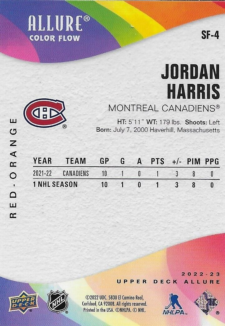 Carte Allure Color Flow Upper Deck 22/23 signée Jordan Harris par les Canadiens de Montréal