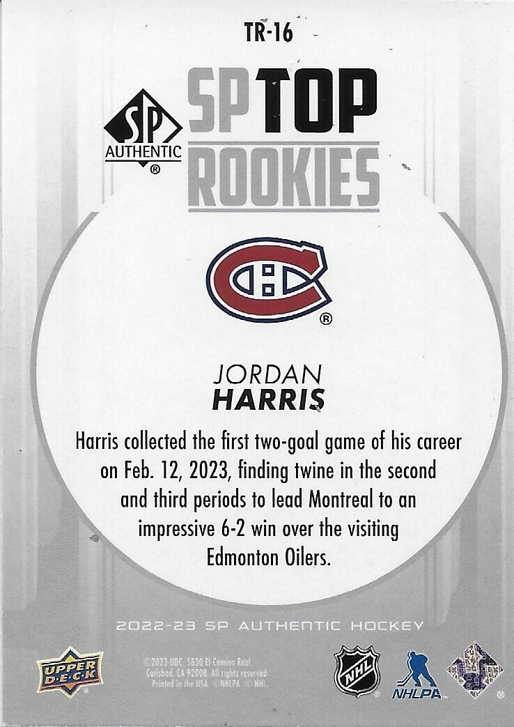 Carte authentique SP de la meilleure recrue des Canadiens de Montréal signée Jordan Harris 22/23 UD