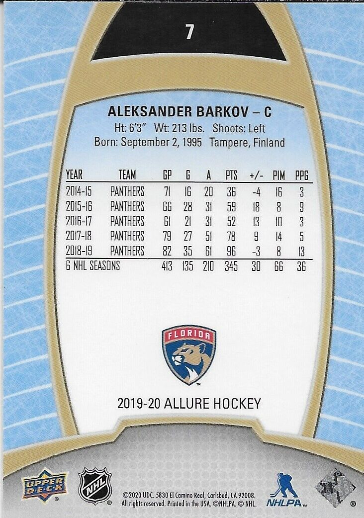 Carte signée Aleksander Barkov 2019/20 UD Allure Florida Panthers #3 originale