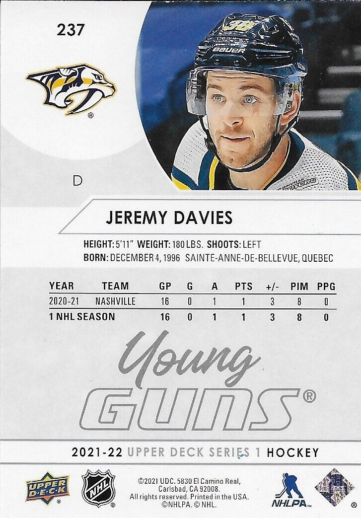 Carte de recrue signée Jeremy Davies Young Guns 2019-20 UD Nashville Predators