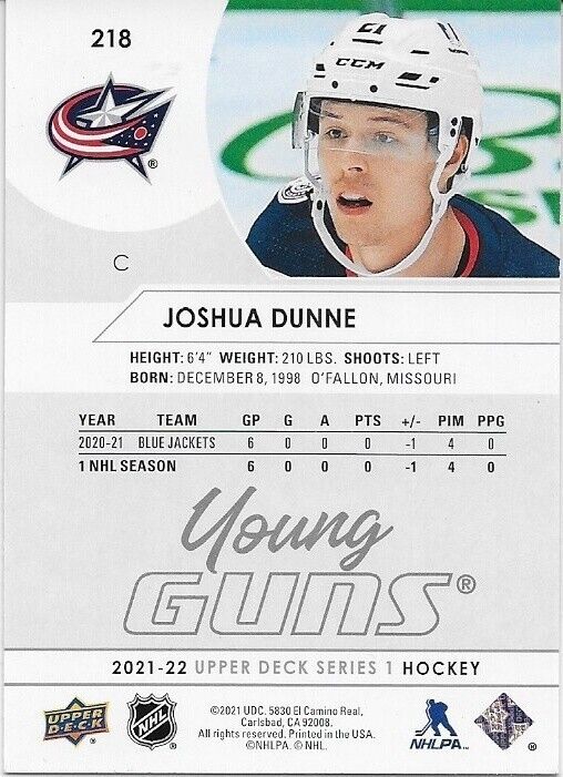 Signed Joshua Dunne Young Guns 2021-22 UD Columbus Blue Jackets Rookie Card