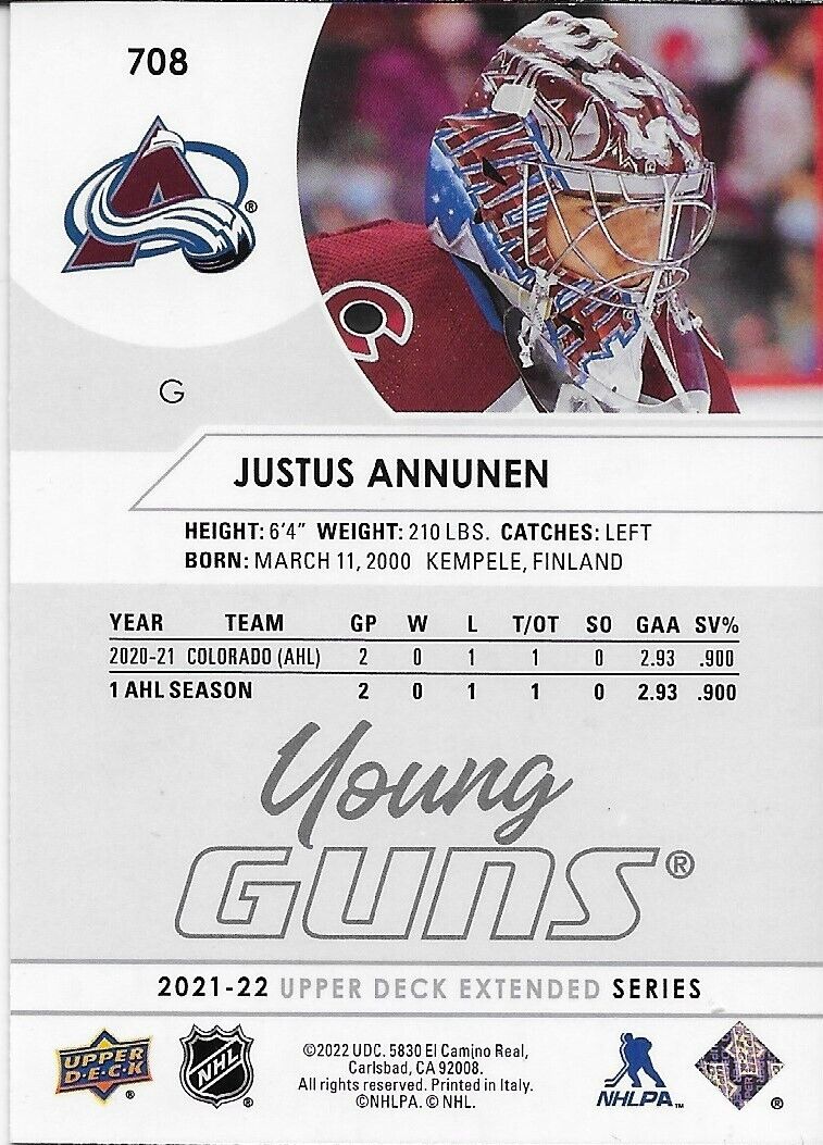 Signed Justus Annunen Young Guns 2021-22 UD Colorado Avalanche Rookie Card #1
