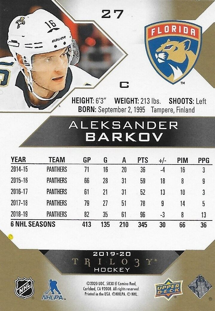 Signed Aleksander Barkov 2019/20 UD Trilogy Florida Panthers Card #6 Original