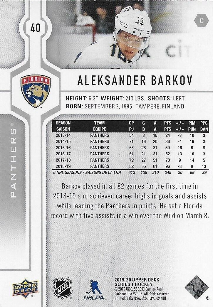 Signed Aleksander Barkov 2019/20 UD Hockey Florida Panthers Card #7 Original