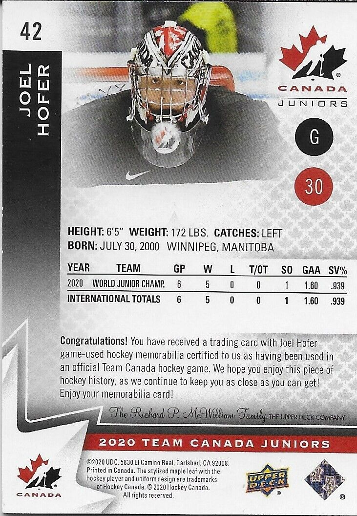 Signed Joel Hofer 2020 UD Team Canada Juniors St. Louis Blues Jersey Card #3