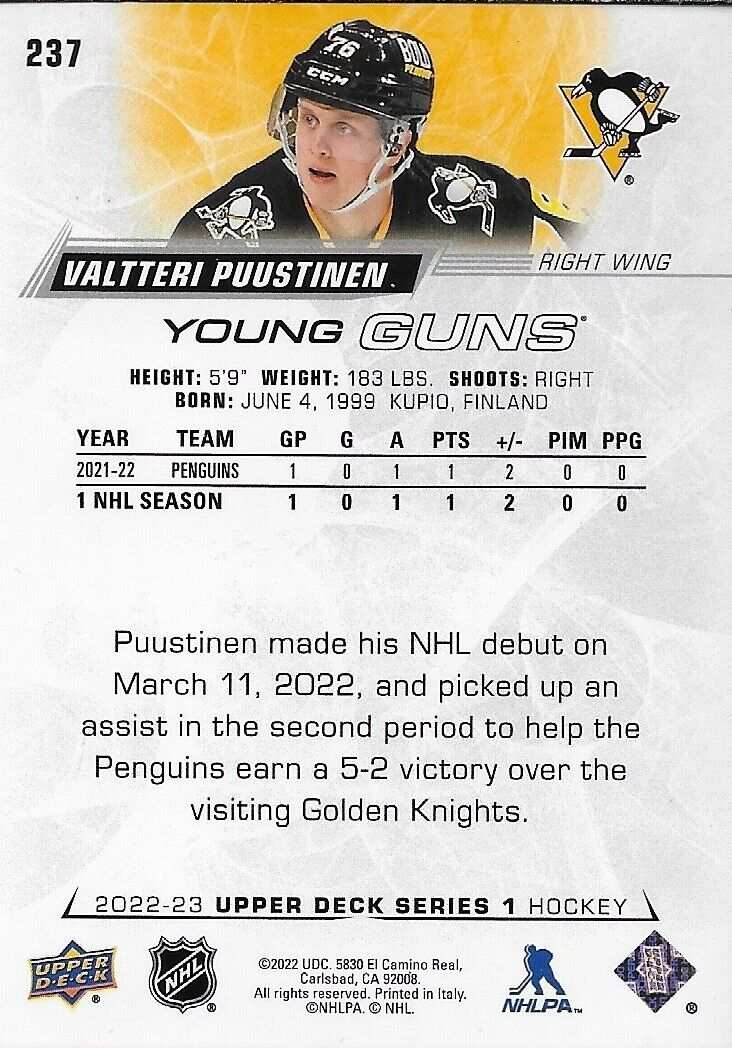 Signed Valtteri Puustinen 2022-23 UD Young Guns Pittsburgh Penguins Rookie Card