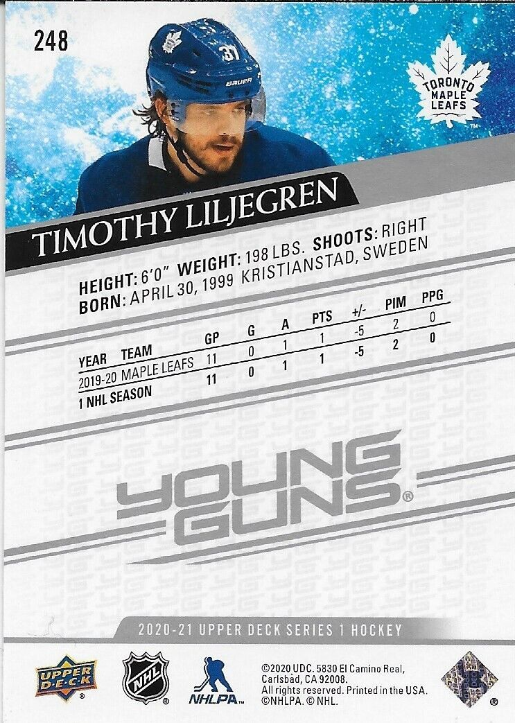 Signed Timothy Liljegren 2020-21 UD Young Guns Toronto Maple Leafs Rookie Card