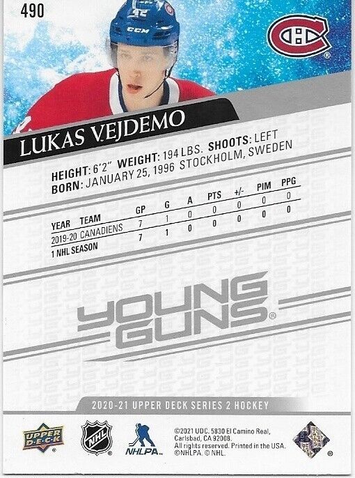 Signed 2020-21 UD Lukas Vejdemo Young Guns Montreal Canadiens Rookie Card