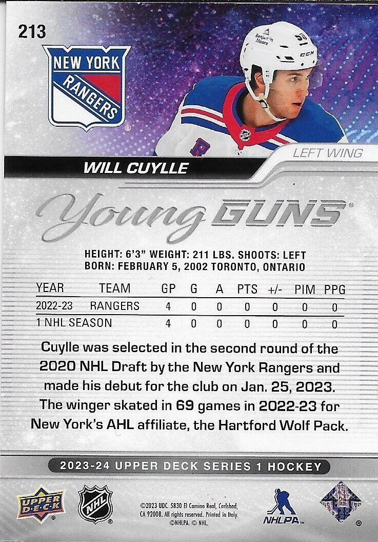 Signed 2023-24 UD Will Cuylle Young Guns New York Rangers Rookie Card