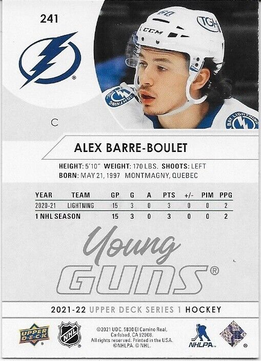 Signed Alex Barre Boulet 21-22 UD Young Guns Tampa Bay Lightning Rookie Card #2