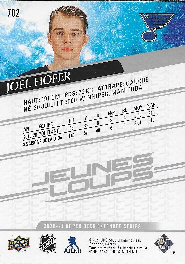 Signed Joel Hofer 20-21 UD Young Guns VARIANTE FRANCAISE St. Louis Rookie Card