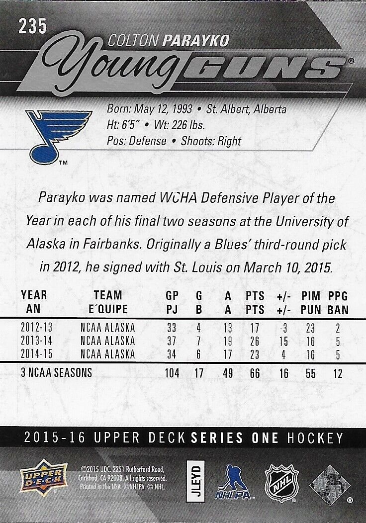 Signed Colton Parayko 2015-16 UD Young Guns St. Louis Blues Rookie Card