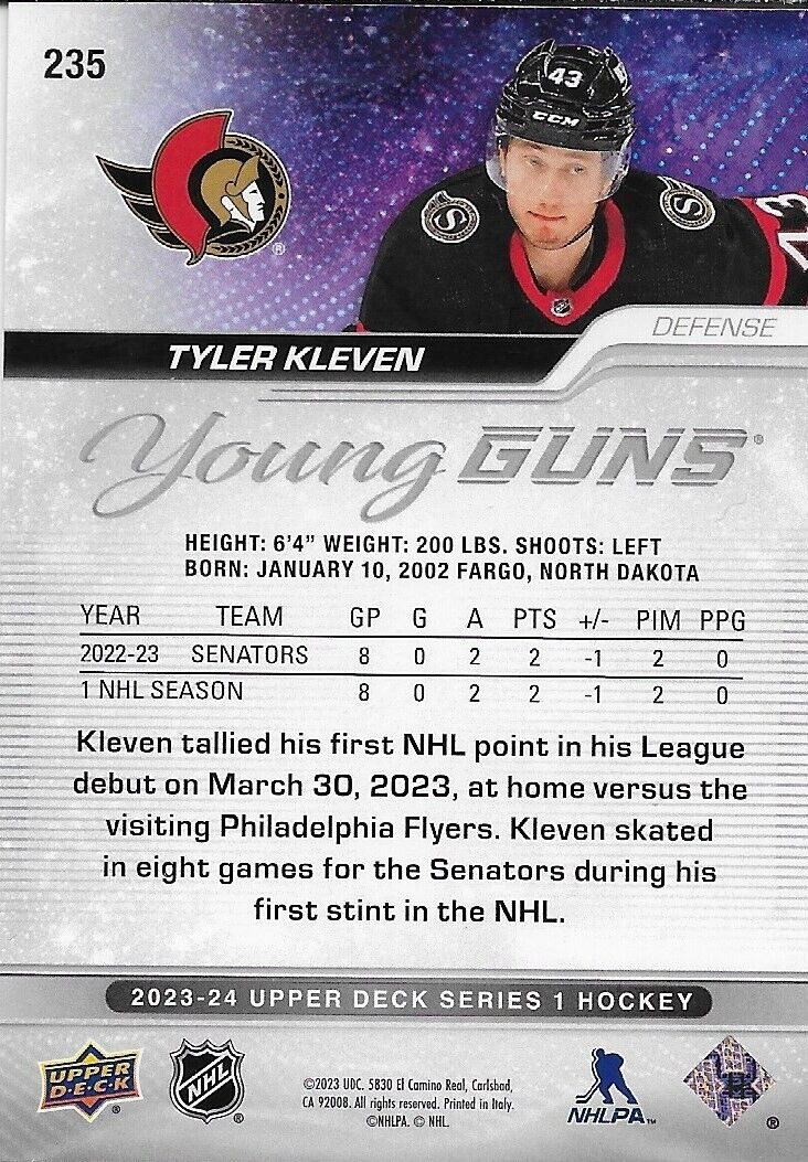 Signed Tyler Kleven 2023/24 UD Young Guns Ottawa Senators Rookie Hockey Card