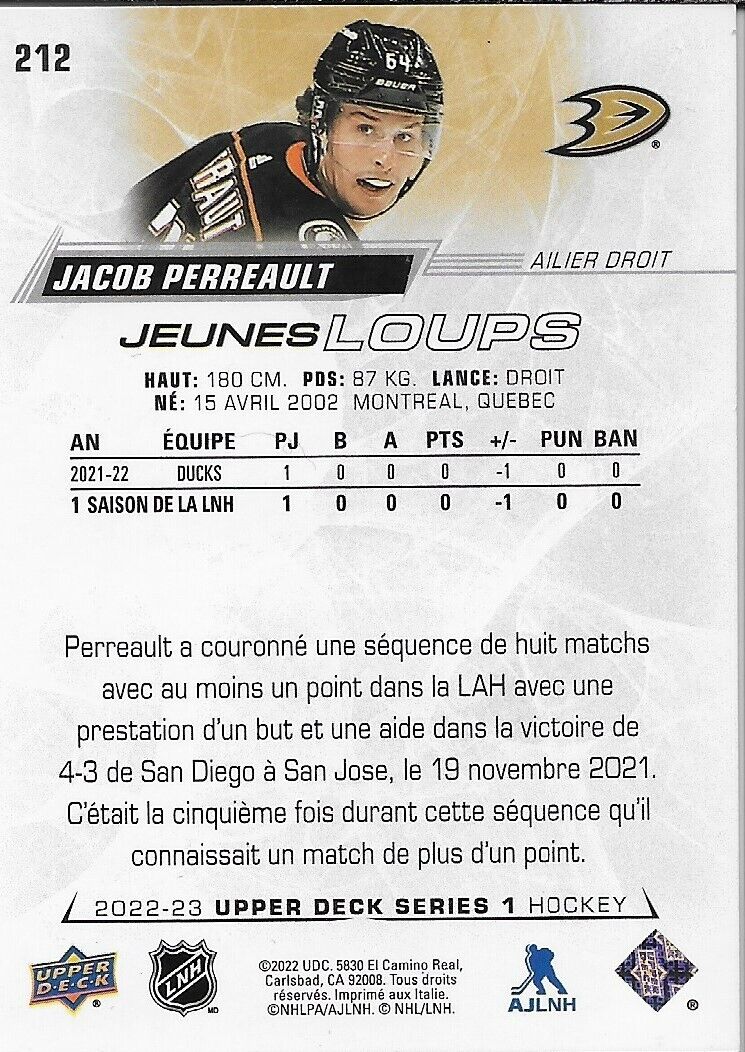 Signed Jacob Perreault Young Guns Jeunes Loups 22-23 UD Anaheim Ducks Rookie Crd