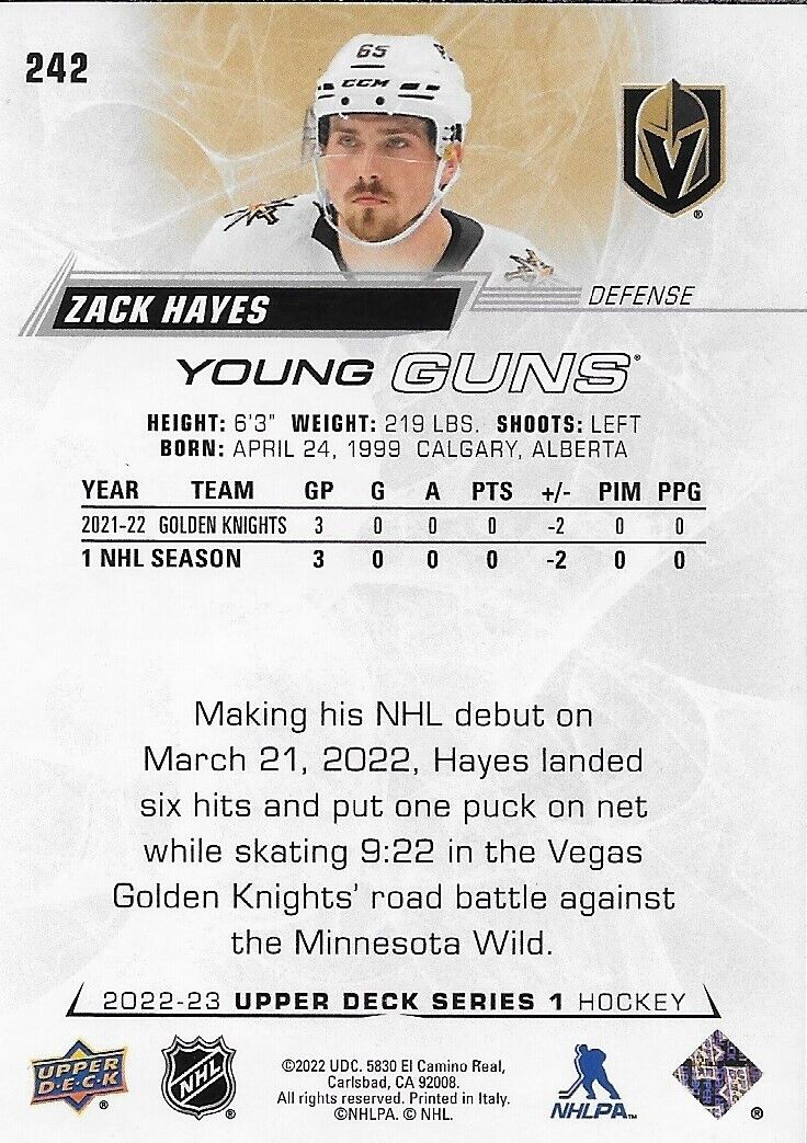 Carte recrue n° 2 signée Zack Hayes 2022-23 UD Young Guns Vegas Golden Knights