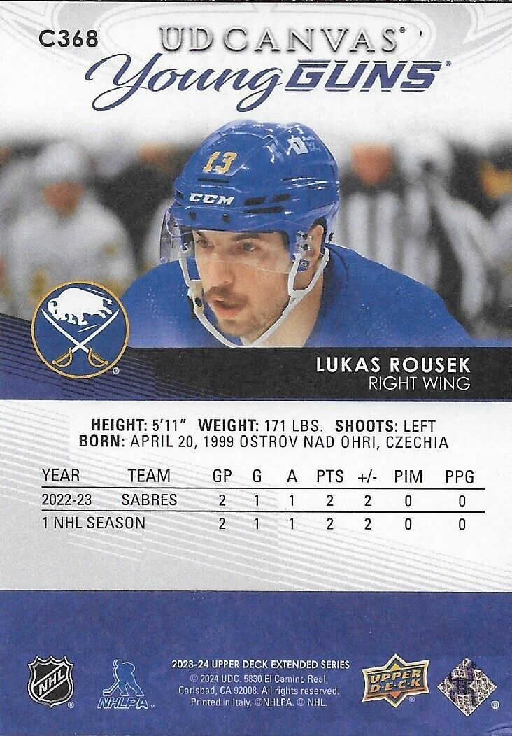 Carte de recrue UD Young Guns 2023-24 signée Lukas Rousek sur toile Buffalo Sabres