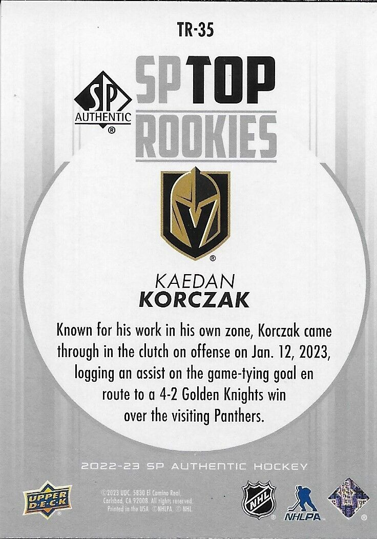 Signed Kaedan Korczak SP Top Rookies 22-23 Vegas Golden Knights Rookie Card