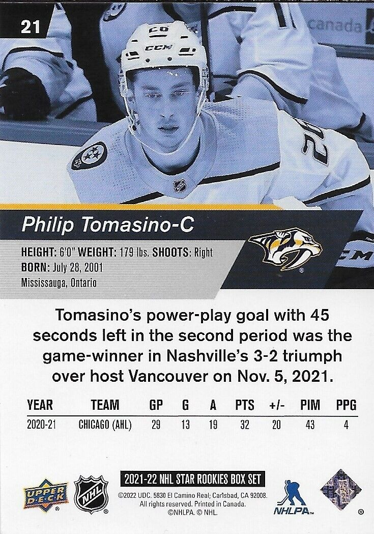 Signed Philip Tomasino 21-22 UD NHL Star Rookies Nashville Predators Rookie Card