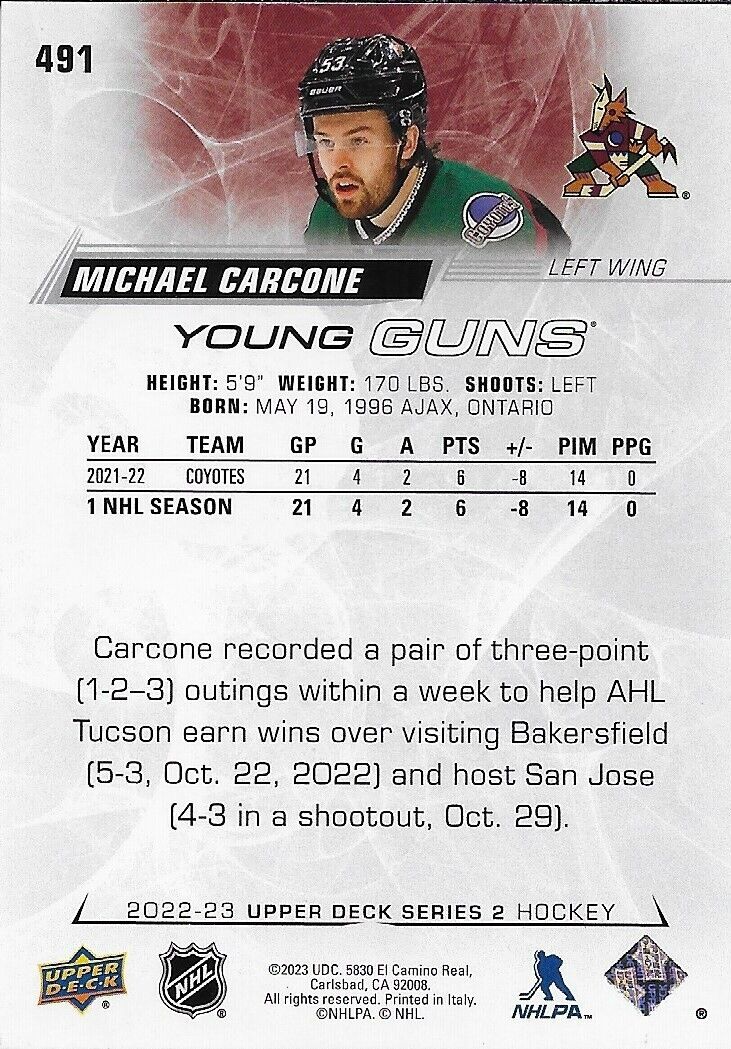 Signed Michael Carcone Young Guns 2022-23 UD Arizona Coyotes Rookie Card